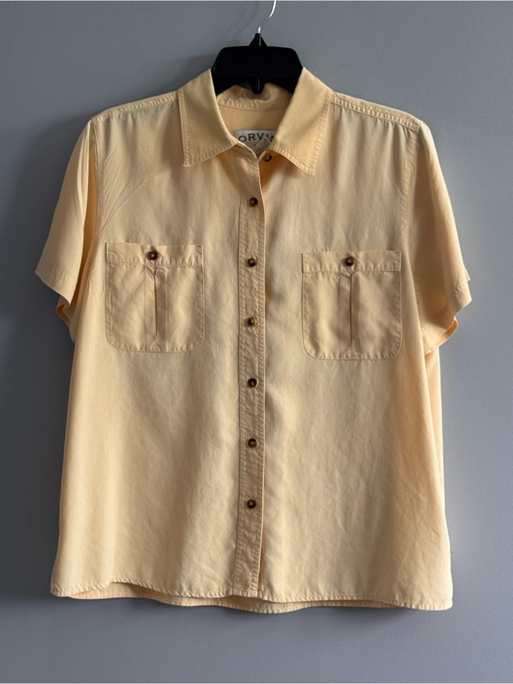 Orvis Women's 100% Silk Yellow Short Sleeve Button Down Shirt Large